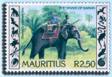 Марка острова Маврикий «Путешествие Дарвина на слоне»