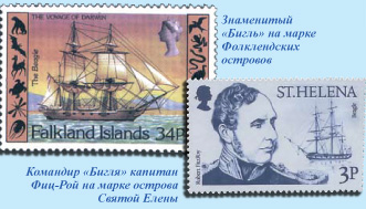 Знаменитый «Бигль» на марке Фолклендских островов. Командир «Бигля» капитан Фиц-Рой на марке острова Святой Елены